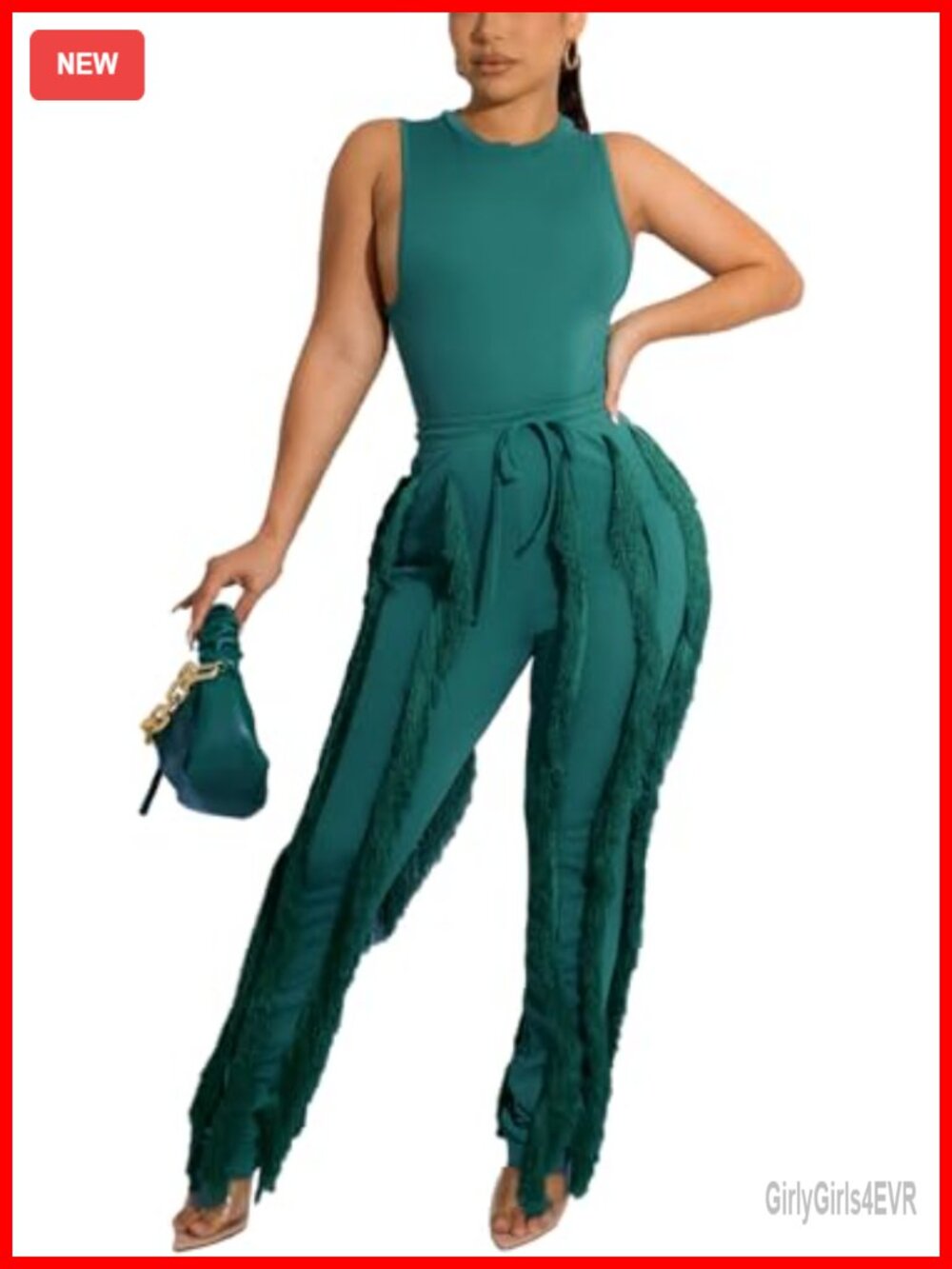 Polyester 2 Piece Fringe Pants Set Sleeveless Club Party Outfit